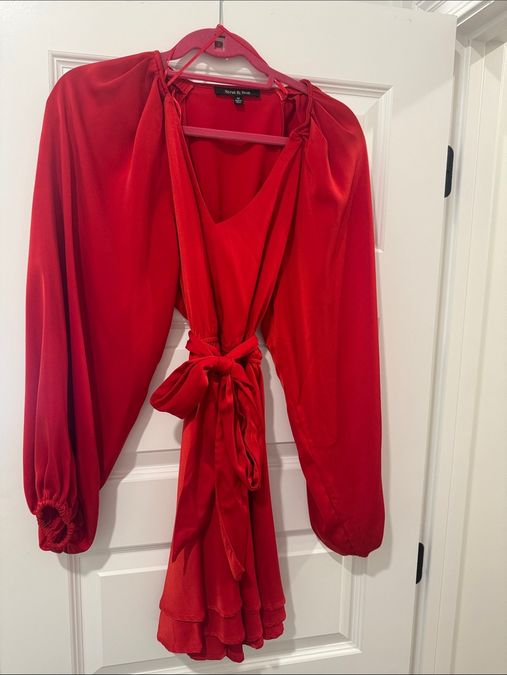 Red Tie-Waist Wrap Dress with Balloon Sleeves
